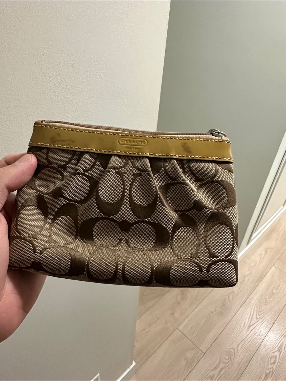 Coach Monogram Canvas Wristlet with Yellow Trim